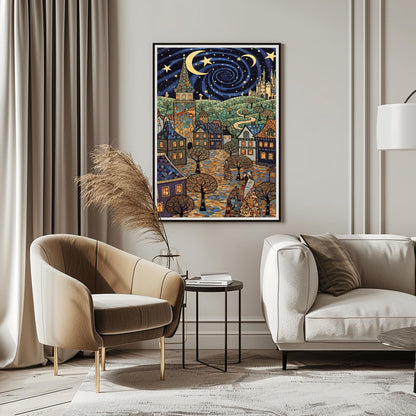 A vertical fine art print in the style of Gustav Klimt. A whimsical European village with mosaic-patterned houses and a tall tower sits under a swirling dark blue night sky. The sky features a large golden vortex, crescent moons, and stars. The ground is a colorful mosaic cobblestone path with spiral-patterned trees.