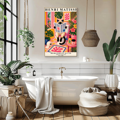 A vertical maximalist art print designed as a Henri Matisse exhibition poster. A cream-colored Siamese cat with dark brown points and blue eyes sits on a toilet, holding and reading a newspaper. The bathroom is vibrantly colored with pink walls, yellow and pink checkered tiles, and lush green monstera plants. A window with pink shutters looks out onto a blue sea. A pink bath mat with a leaf cut-out design and colorful soap jars add to the eclectic decor.