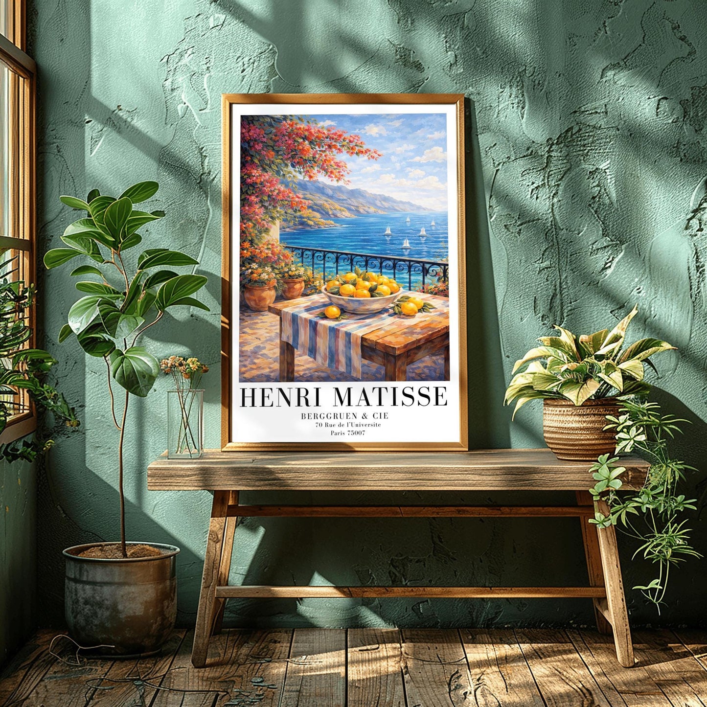 A vertical painterly illustration of a stone terrace with a black iron railing. A pink bougainvillea tree hangs from the top left over a wooden table with a bowl of oranges and lemons. Beyond the railing is a blue sea with white sailboats and a distant mountainous coastline.