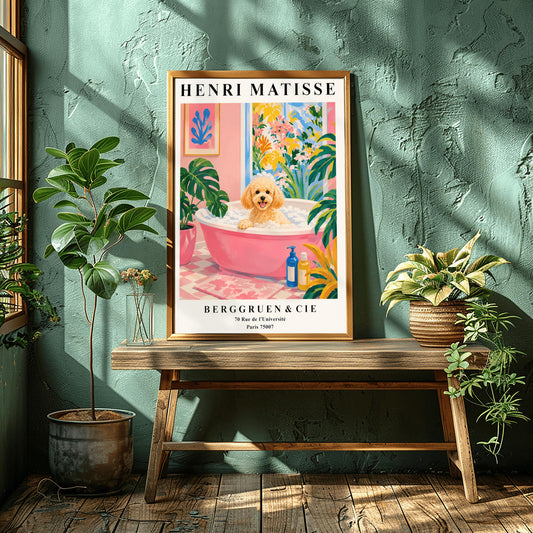 A vertical fine art exhibition poster in the style of Henri Matisse featuring a wide cream border. Bold black text reads "HENRI MATISSE" at the top and "BERGGRUEN & CIE" with a Parisian address at the bottom. The central painting shows an apricot toy poodle dog sitting in a pink bubble bath surrounded by a pink checkered floor, a monstera plant, and a large window overlooking colorful yellow and pink garden plants.
