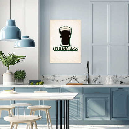 A vertical minimalist graphic of a pint of Guinness on a light cream-textured background. The black pint has a thick white foam head and a green drop shadow. Below the glass, the word "GUINNESS" is written in cream text with a green border.