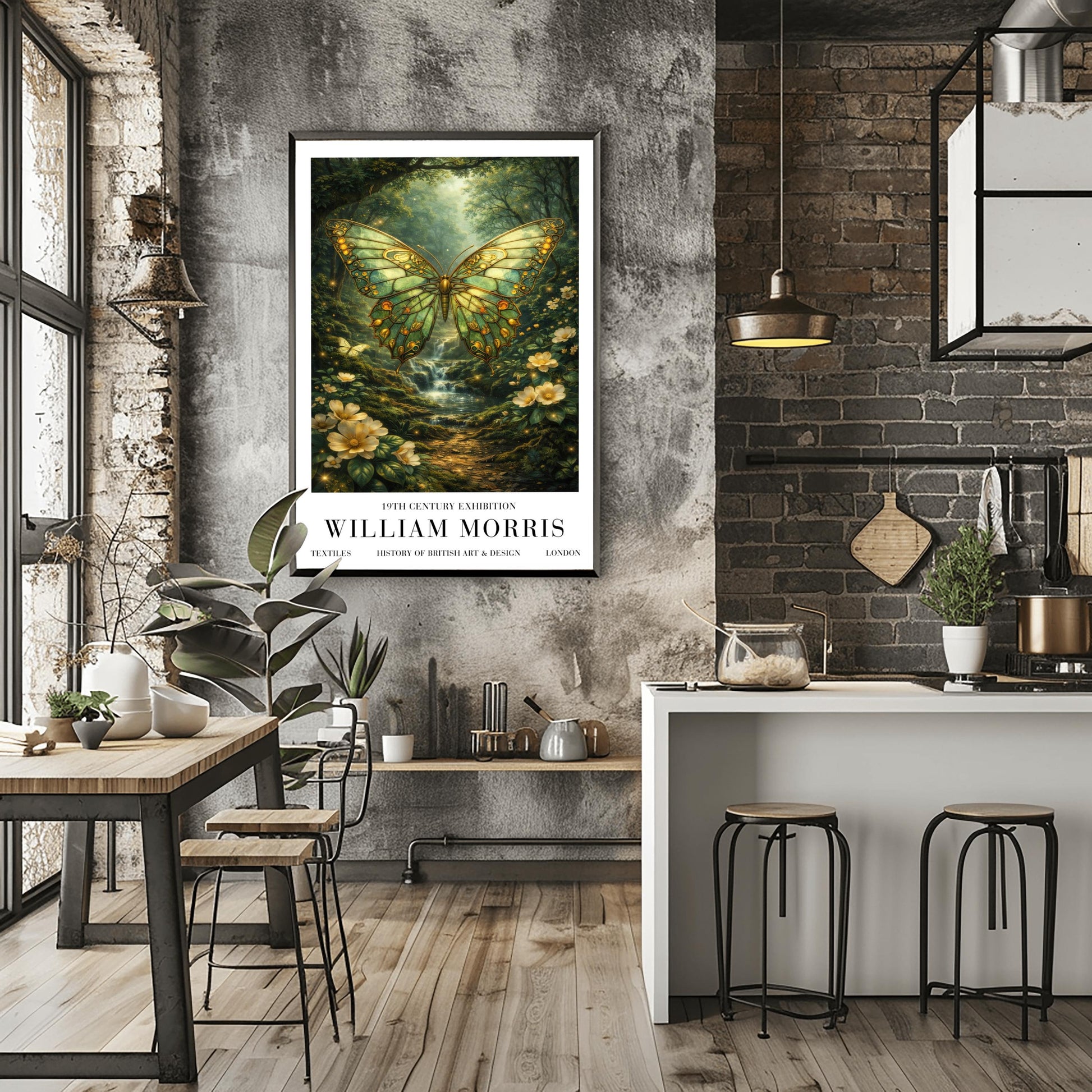 A vertical exhibition poster titled "WILLIAM MORRIS: 19th Century Exhibition". The central artwork features a large butterfly with intricate emerald and gold wings that resemble stained glass. It hovers over a lush forest scene with a small waterfall, sunlight streaming through the trees, and white flowers in the foreground. The bottom features a clean white border with bold black text reading "TEXTILES," "HISTORY OF BRITISH ART & DESIGN," and "LONDON".