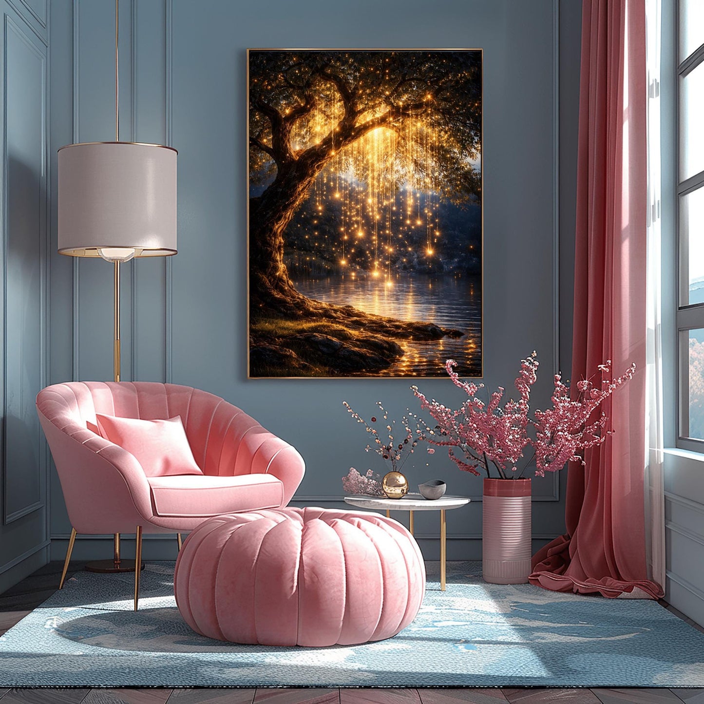 A vertical full-bleed illustration of a weeping willow tree at night in the style of Gustav Klimt. The branches hang down like strings of golden lights over a dark lake. The water reflects the golden glow, and the tree stands on a mossy bank against a dark forest background.