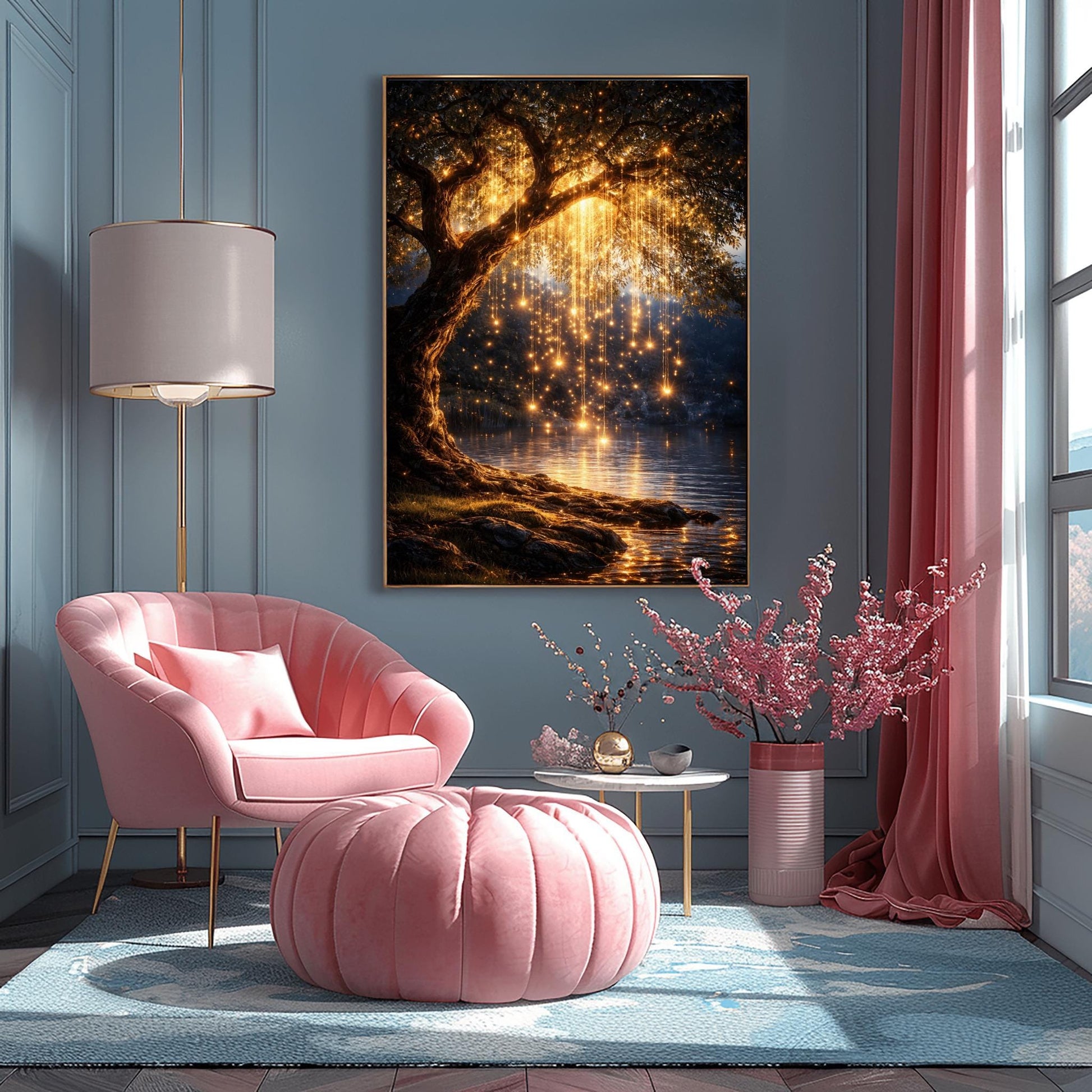 A vertical full-bleed illustration of a weeping willow tree at night in the style of Gustav Klimt. The branches hang down like strings of golden lights over a dark lake. The water reflects the golden glow, and the tree stands on a mossy bank against a dark forest background.