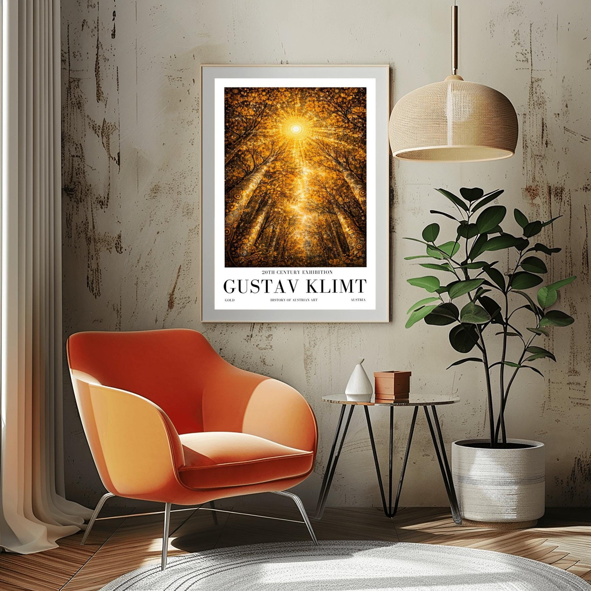 A vertical exhibition poster for Gustav Klimt featuring a view looking up through golden trees toward a radiant sunburst. The trees have intricate mosaic patterns on the bark. Below the artwork, bold black text reads "GUSTAV KLIMT" and "20th Century Exhibition."