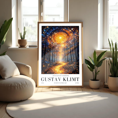 A vertical, highly detailed Art Nouveau illustration featuring a winding golden mosaic path leading through a dark forest toward a bright light. Above, a massive circular portal in the sky is made of intricate mosaic tiles in gold and blue. The scene is filled with shimmering golden stardust.
