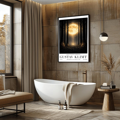 A vertical art print in the style of Gustav Klimt showing a dark forest at night. Tall, dark, silhouetted tree trunks frame a central path that leads toward a bright light in the distance. A massive, glowing golden moon with intricate textures dominates the upper center of the image. The base of the trees and the forest floor are sprinkled with shimmering gold mosaic patterns and light specks, contrasting sharply against the dark background.