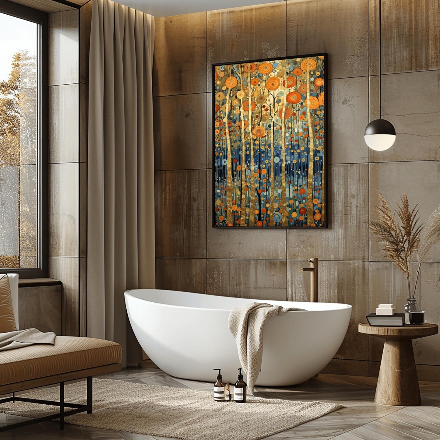 A vertical fine art print in the style of Gustav Klimt. Several slender tree trunks made of solid gold leaf stand vertically against a background of floating, concentric circular patterns in orange, gold, and blue. The bottom of the forest is a deep indigo blue filled with small mosaic dots.