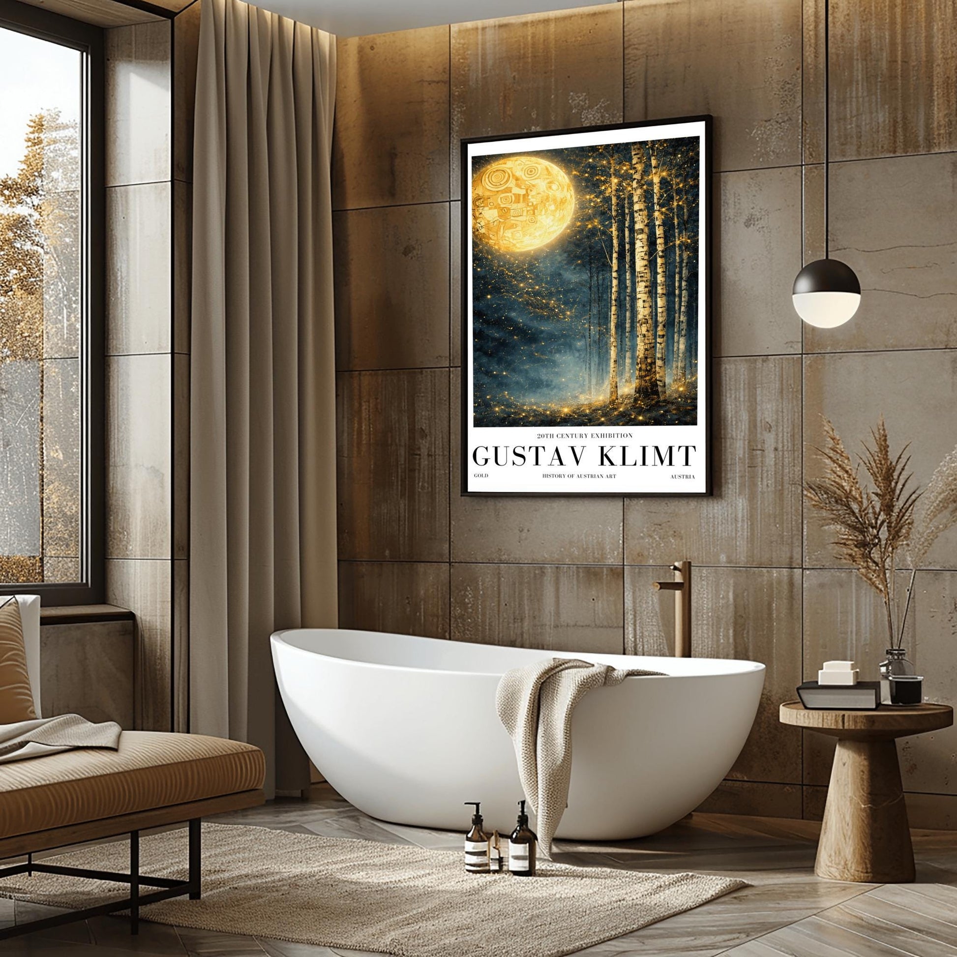 A vertical Art Nouveau illustration in the style of Gustav Klimt. A large, patterned golden moon sits in the upper left corner of a dark, misty teal forest. Slender birch trees stand on the right, while a swirl of golden stardust flows across the center.
