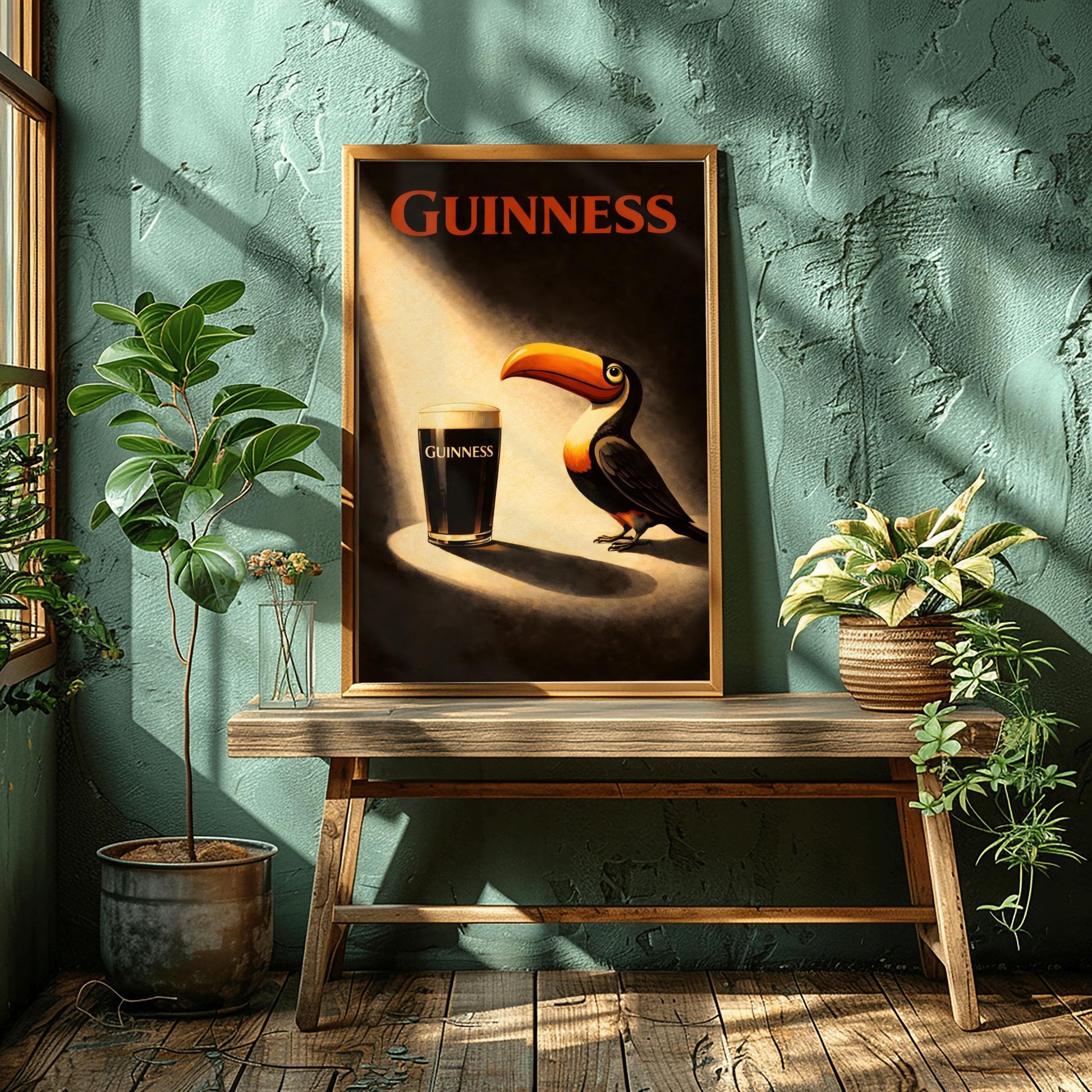 A vertical vintage-style poster. A bright spotlight shines down on a pint of Guinness with a creamy head. A colorful toucan stands in the light next to the glass, looking at it. The background is dark and moody with "GUINNESS" written in red at the top.