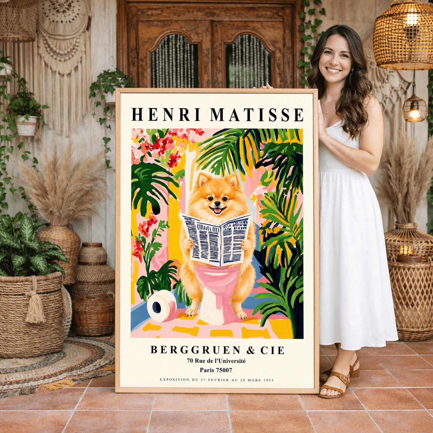 A vertical fine art exhibition poster in the style of Henri Matisse featuring a wide cream border. Bold black text reads "HENRI MATISSE" at the top and "BERGGRUEN & CIE" at the bottom. The central painting humorously depicts a fluffy orange Pomeranian dog smiling while sitting on a pink toilet reading a newspaper, surrounded by lush green palm leaves, tropical flowers, and a toilet paper roll on the floor.