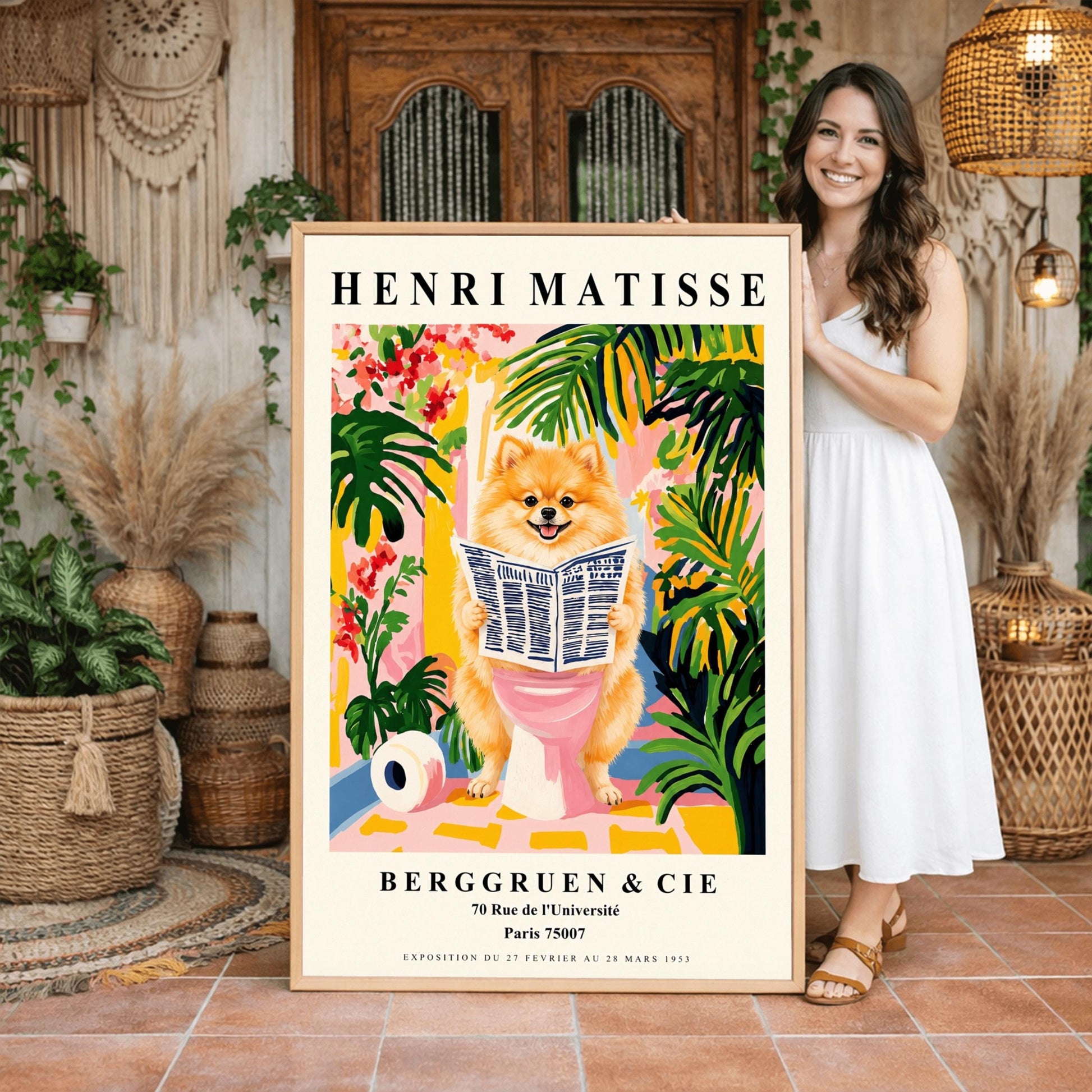 A vertical fine art exhibition poster in the style of Henri Matisse featuring a wide cream border. Bold black text reads "HENRI MATISSE" at the top and "BERGGRUEN & CIE" at the bottom. The central painting humorously depicts a fluffy orange Pomeranian dog smiling while sitting on a pink toilet reading a newspaper, surrounded by lush green palm leaves, tropical flowers, and a toilet paper roll on the floor.