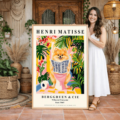 A vertical fine art exhibition poster in the style of Henri Matisse featuring a wide cream border. Bold black text reads "HENRI MATISSE" at the top and "BERGGRUEN & CIE" at the bottom. The central painting humorously depicts a fluffy orange Pomeranian dog smiling while sitting on a pink toilet reading a newspaper, surrounded by lush green palm leaves, tropical flowers, and a toilet paper roll on the floor.