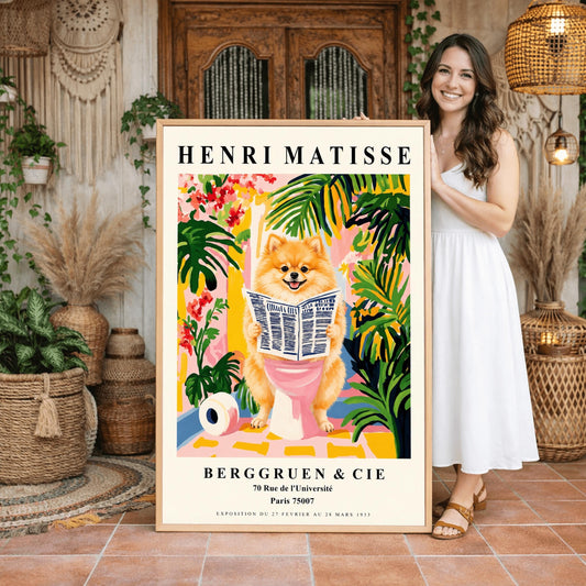 A vertical fine art exhibition poster in the style of Henri Matisse featuring a wide cream border. Bold black text reads "HENRI MATISSE" at the top and "BERGGRUEN & CIE" at the bottom. The central painting humorously depicts a fluffy orange Pomeranian dog smiling while sitting on a pink toilet reading a newspaper, surrounded by lush green palm leaves, tropical flowers, and a toilet paper roll on the floor.