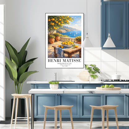 A vertical painterly illustration of a stone terrace overlooking a blue sea with sailboats. In the foreground, a wooden table holds a bowl of oranges and lemons. A citrus tree and flower-filled terracotta pots frame the view. Distant white-washed buildings sit on a coastline under a blue sky.