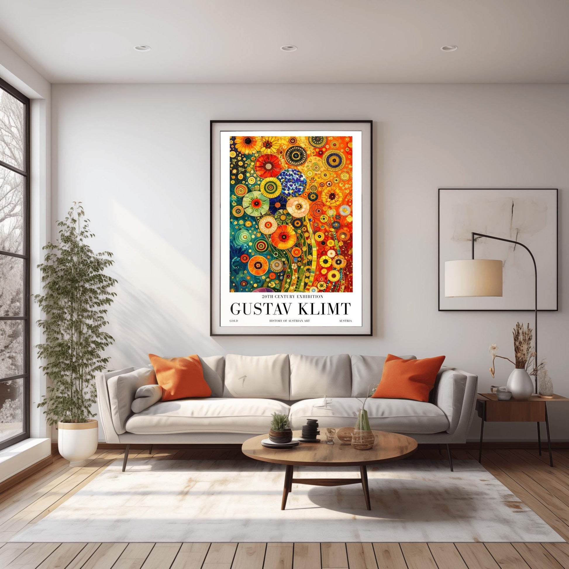 A vertical museum exhibition poster in the style of Gustav Klimt. The central image is a dense, colorful mosaic of stylized flowers in teal, orange, and red. The artwork is surrounded by a white border with bold black text that reads "GUSTAV KLIMT" and "20TH CENTURY EXHIBITION."