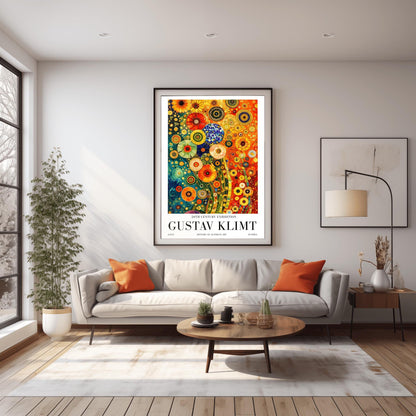 A vertical museum exhibition poster in the style of Gustav Klimt. The central image is a dense, colorful mosaic of stylized flowers in teal, orange, and red. The artwork is surrounded by a white border with bold black text that reads "GUSTAV KLIMT" and "20TH CENTURY EXHIBITION."