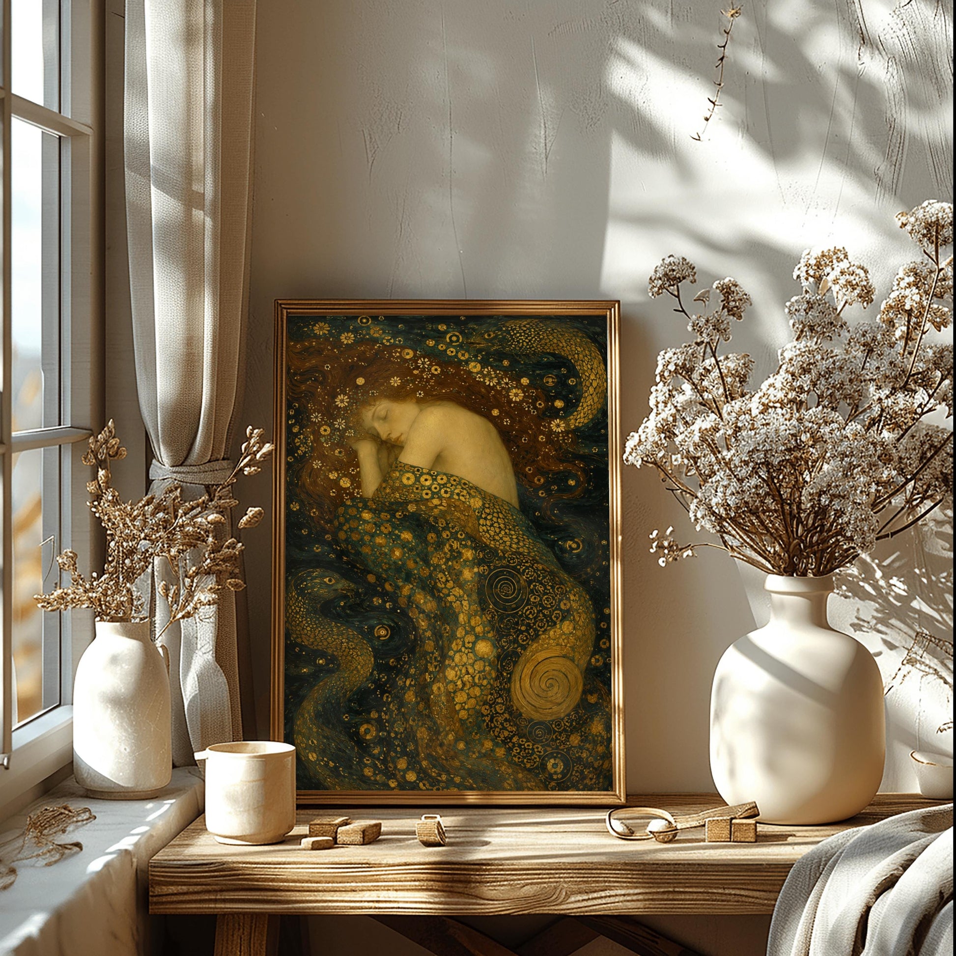 A vertical painting in the Art Nouveau style of Gustav Klimt.It features a pale-skinned female nymph sleeping peacefully on her side against a dark background.Her long, dark hair flows out and is speckled with dozens of tiny white wildflowers.Her body is draped in a heavy, swirling cloth filled with intricate golden mosaics, geometric patterns, and large bronze spirals.Two stylized, patterned sea serpents with shimmering scales wrap around the edges of the composition in the deep dark teal water