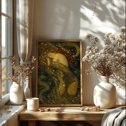 A vertical painting in the Art Nouveau style of Gustav Klimt.It features a pale-skinned female nymph sleeping peacefully on her side against a dark background.Her long, dark hair flows out and is speckled with dozens of tiny white wildflowers.Her body is draped in a heavy, swirling cloth filled with intricate golden mosaics, geometric patterns, and large bronze spirals.Two stylized, patterned sea serpents with shimmering scales wrap around the edges of the composition in the deep dark teal water