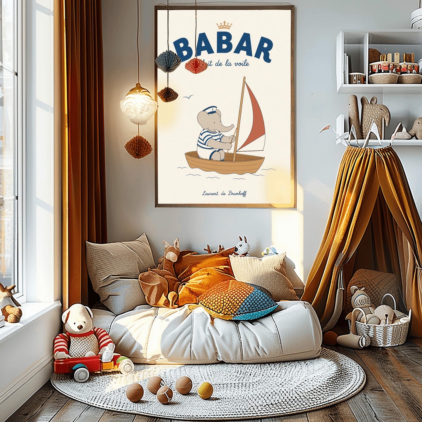 A vertical storybook-style art print featuring Babar the Elephant sailing a small boat. Babar wears a blue and white striped shirt and a white sailor's hat with an anchor. He is sitting in a brown wooden boat with a red and white sail. A single seagull flies in the creamy off-white sky. The top reads "BABAR fait de la voile" with a small gold crown.