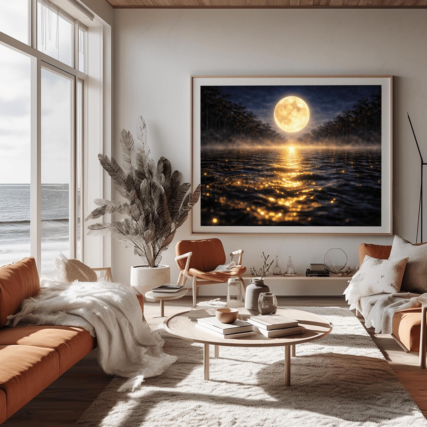 A horizontal landscape art print in the style of Gustav Klimt. A large, luminous golden moon hangs in a dark, starlit sky over a calm lake. A brilliant trail of golden light reflects across the dark water toward the viewer. Low-lying mist rolls across the lake's surface, and silhouetted dark trees line the distant shore. The overall color palette is a striking contrast of deep midnight blue and radiant metallic gold.