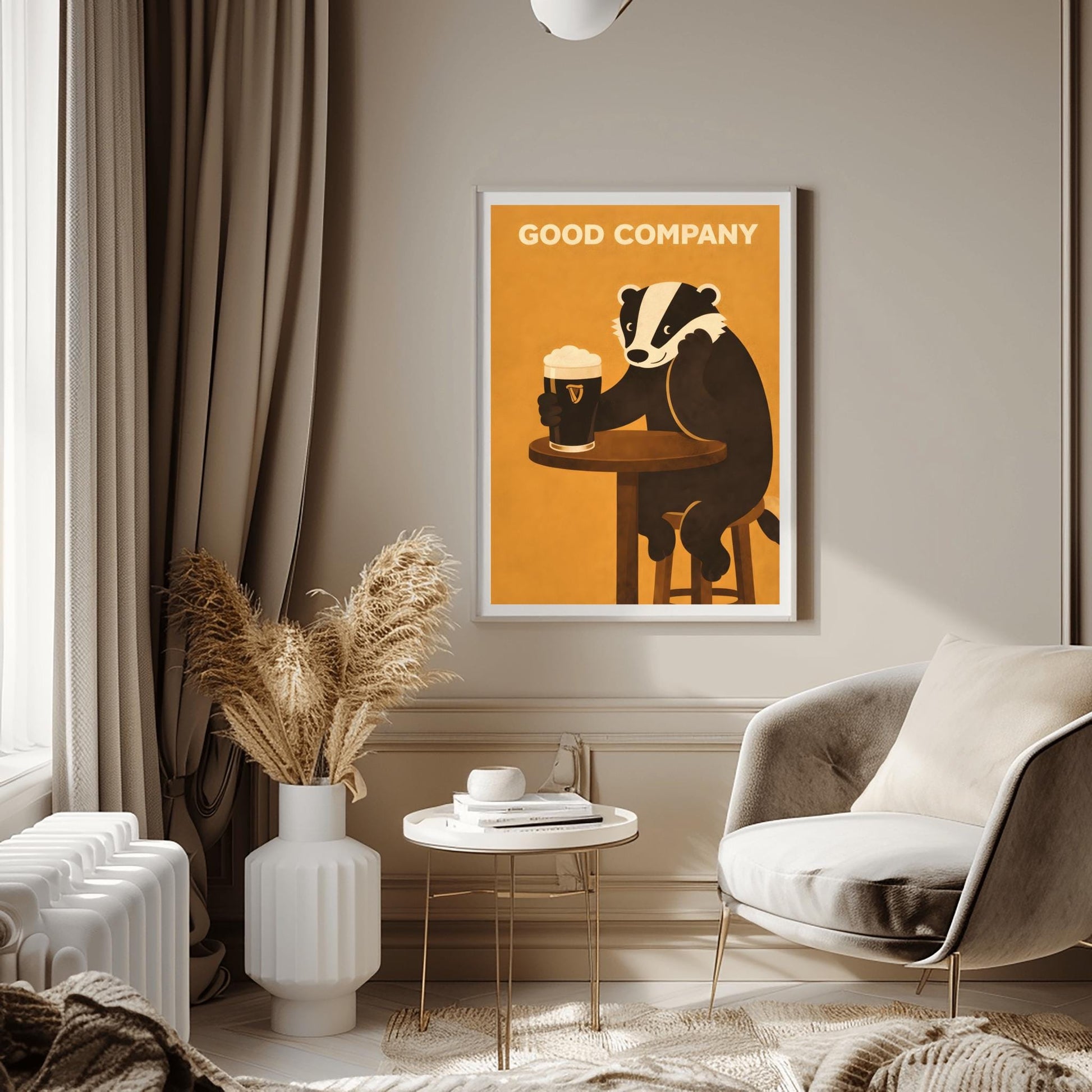 A vertical modern illustration of a cute black and white badger sitting at a round wooden bar table. The badger is leaning on one arm and holding a pint of Guinness with the other. The text "GOOD COMPANY" is written in bold at the top against a warm amber background.