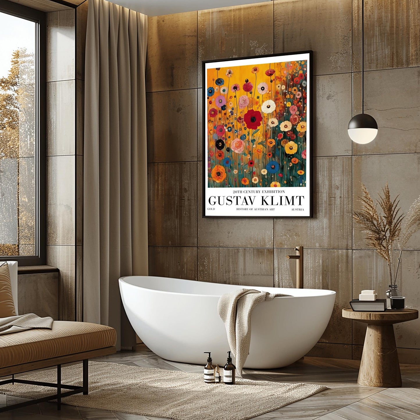 A vertical museum exhibition poster featuring a colorful wildflower meadow in the style of Gustav Klimt. Red, blue, and yellow flowers on thin stalks grow against an amber background. Below the image, bold black text reads "GUSTAV KLIMT" and "20TH CENTURY EXHIBITION" against a white border.