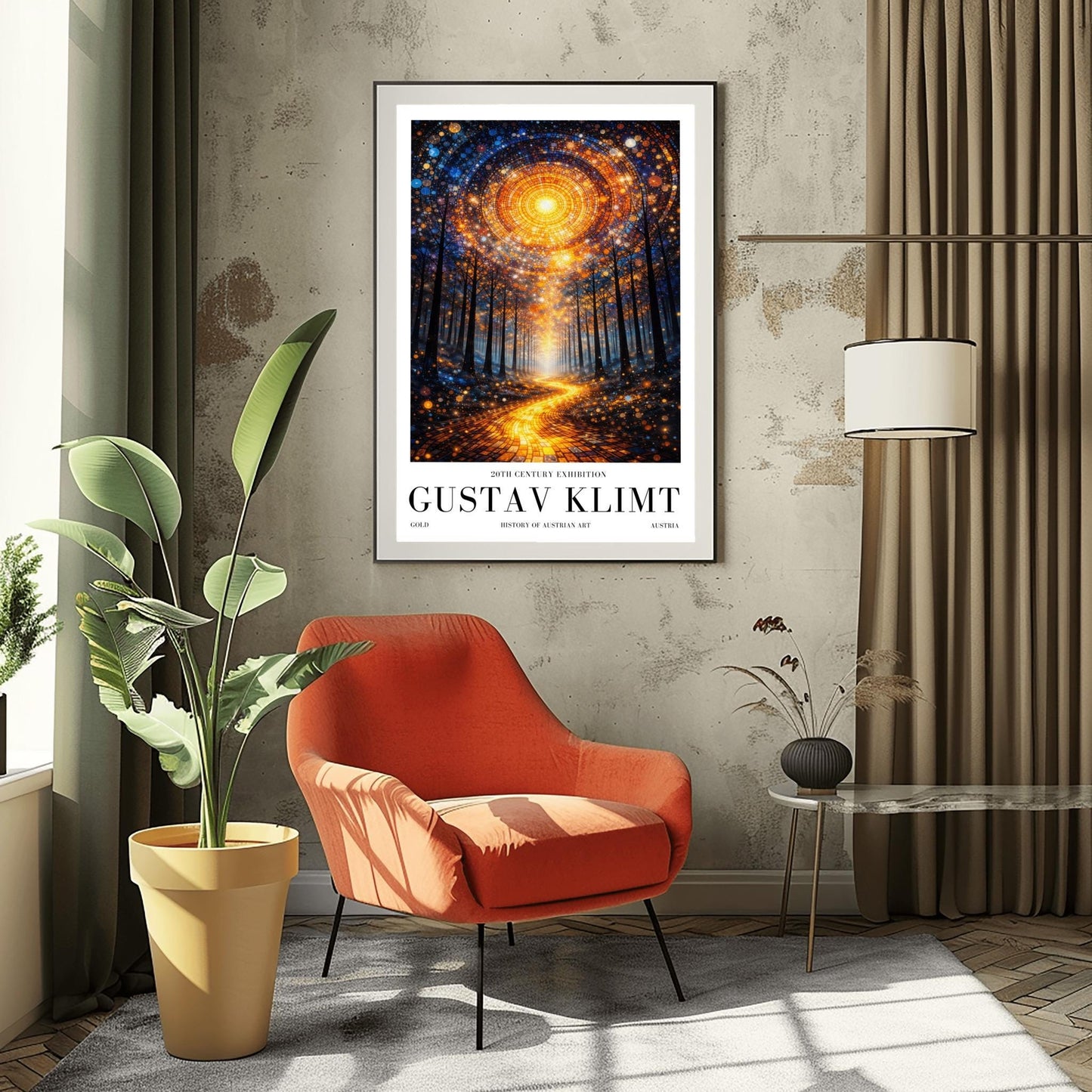 A vertical, highly detailed Art Nouveau illustration featuring a winding golden mosaic path leading through a dark forest toward a bright light. Above, a massive circular portal in the sky is made of intricate mosaic tiles in gold and blue. The scene is filled with shimmering golden stardust.