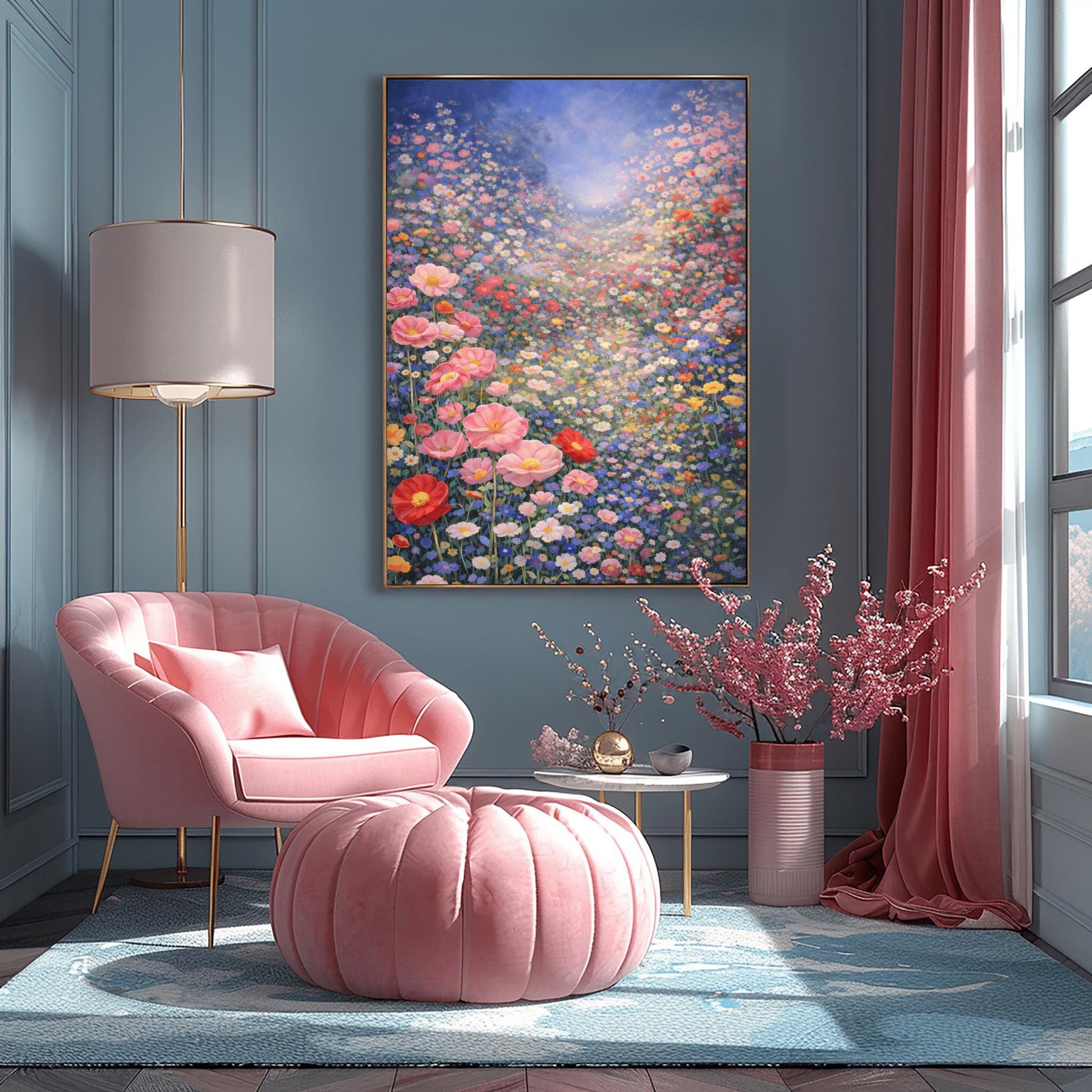 A vertical fine art landscape in the style of Gustav Klimt. A vast valley is filled with a dense sea of pink, red, blue, and white wildflowers. Large pink poppies are in the foreground, and the field stretches back to a hazy, sun-drenched horizon under a soft blue sky.