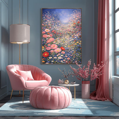 A vertical fine art landscape in the style of Gustav Klimt. A vast valley is filled with a dense sea of pink, red, blue, and white wildflowers. Large pink poppies are in the foreground, and the field stretches back to a hazy, sun-drenched horizon under a soft blue sky.