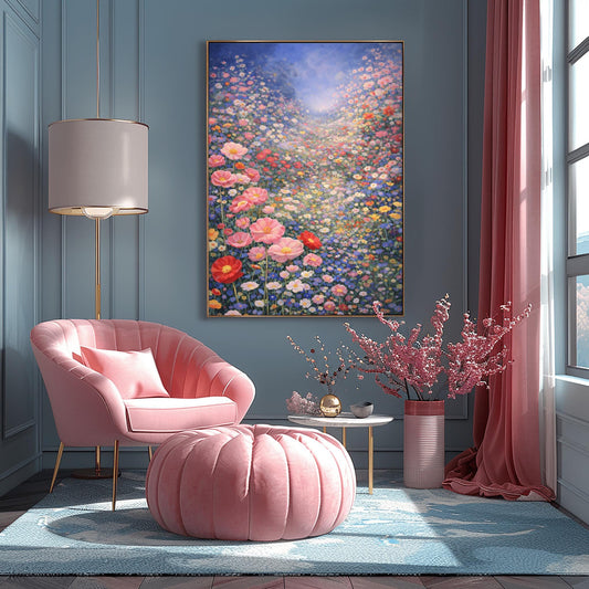 A vertical fine art landscape in the style of Gustav Klimt. A vast valley is filled with a dense sea of pink, red, blue, and white wildflowers. Large pink poppies are in the foreground, and the field stretches back to a hazy, sun-drenched horizon under a soft blue sky.