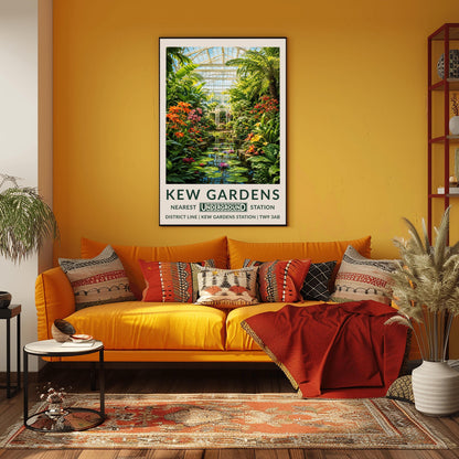 A vertical retro London Underground travel poster for Kew Gardens on a wide cream border. The top image shows a beautiful, detailed illustration of the inside of a large white Victorian glass conservatory. Sunlight shines through the glass roof onto a central water lily pond filled with blooming pink and purple flowers and lily pads. The water is surrounded by lush green palm trees, ferns, orange lilies, and a white metal gazebo in the background.