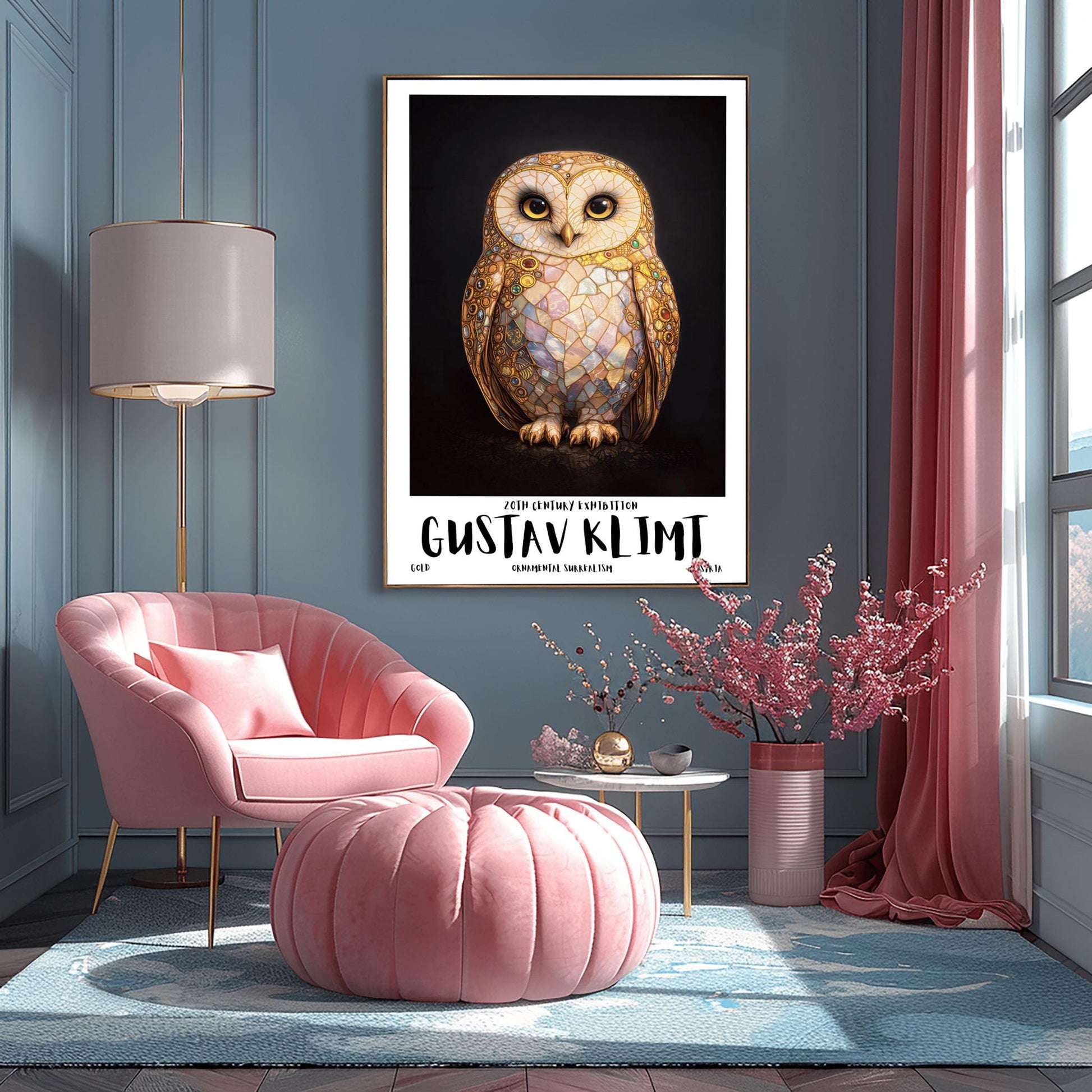A vertical full-bleed illustration of a barn owl in the style of Gustav Klimt. The owl's body is a complex mosaic of gold, cream, and iridescent pastel tiles with small colorful gemstones embedded in the wings. It has large dark eyes and stands against a solid black background.
