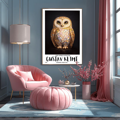 A vertical full-bleed illustration of a barn owl in the style of Gustav Klimt. The owl's body is a complex mosaic of gold, cream, and iridescent pastel tiles with small colorful gemstones embedded in the wings. It has large dark eyes and stands against a solid black background.