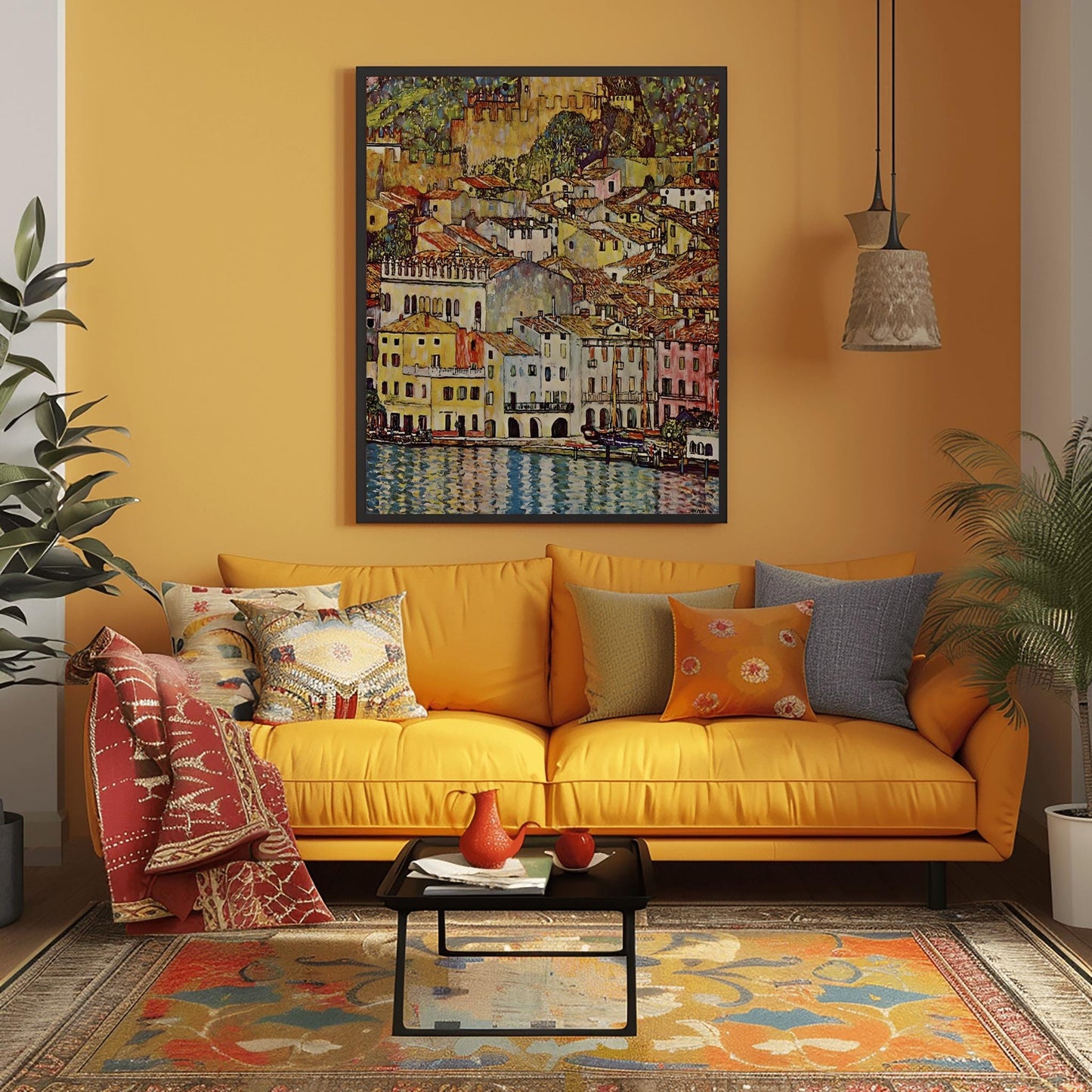 A vertical fine art reproduction of Gustav Klimt's "Malcesine on Lake Garda." The painting depicts a dense Italian village of colorful houses with red-tiled roofs nestled along a lake. A medieval castle stands on a hill above the town. The water in the foreground features vibrant blue and gold reflections. The style is a decorative, mosaic-like landscape typical of Klimt's later works.