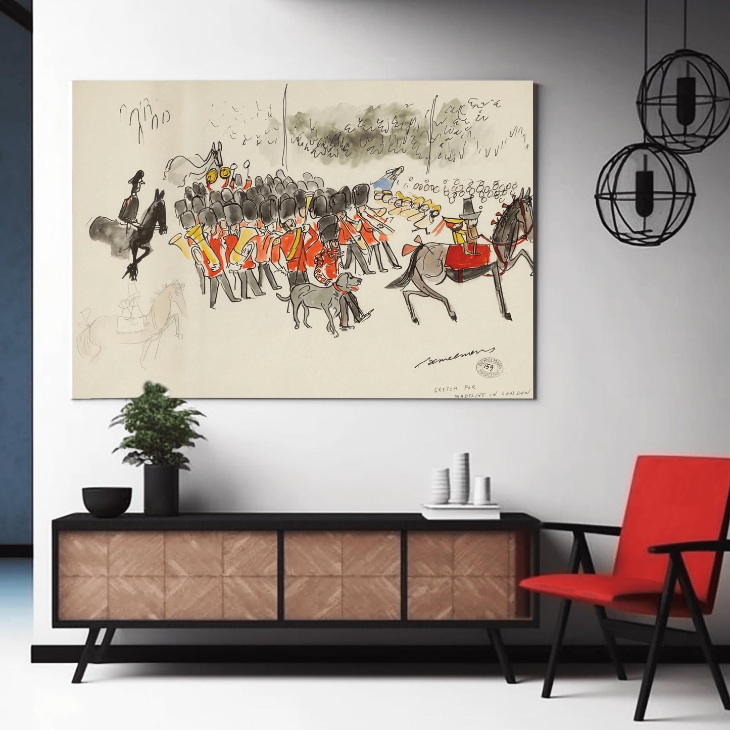 A vertical ink and watercolor sketch on cream paper by Ludwig Bemelmans titled "Sketch for Madeline in London." It depicts a band of British Royal Guards in red tunics and tall black bearskin hats playing brass instruments. To the right, Madeline and Pepito sit on a large grey horse. In the background, twelve schoolgirls in yellow hats watch the parade. A grey dog walks in the foreground. The artist's signature and a collection stamp are at the bottom right.