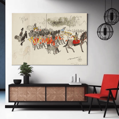 A vertical ink and watercolor sketch on cream paper by Ludwig Bemelmans titled "Sketch for Madeline in London." It depicts a band of British Royal Guards in red tunics and tall black bearskin hats playing brass instruments. To the right, Madeline and Pepito sit on a large grey horse. In the background, twelve schoolgirls in yellow hats watch the parade. A grey dog walks in the foreground. The artist's signature and a collection stamp are at the bottom right.