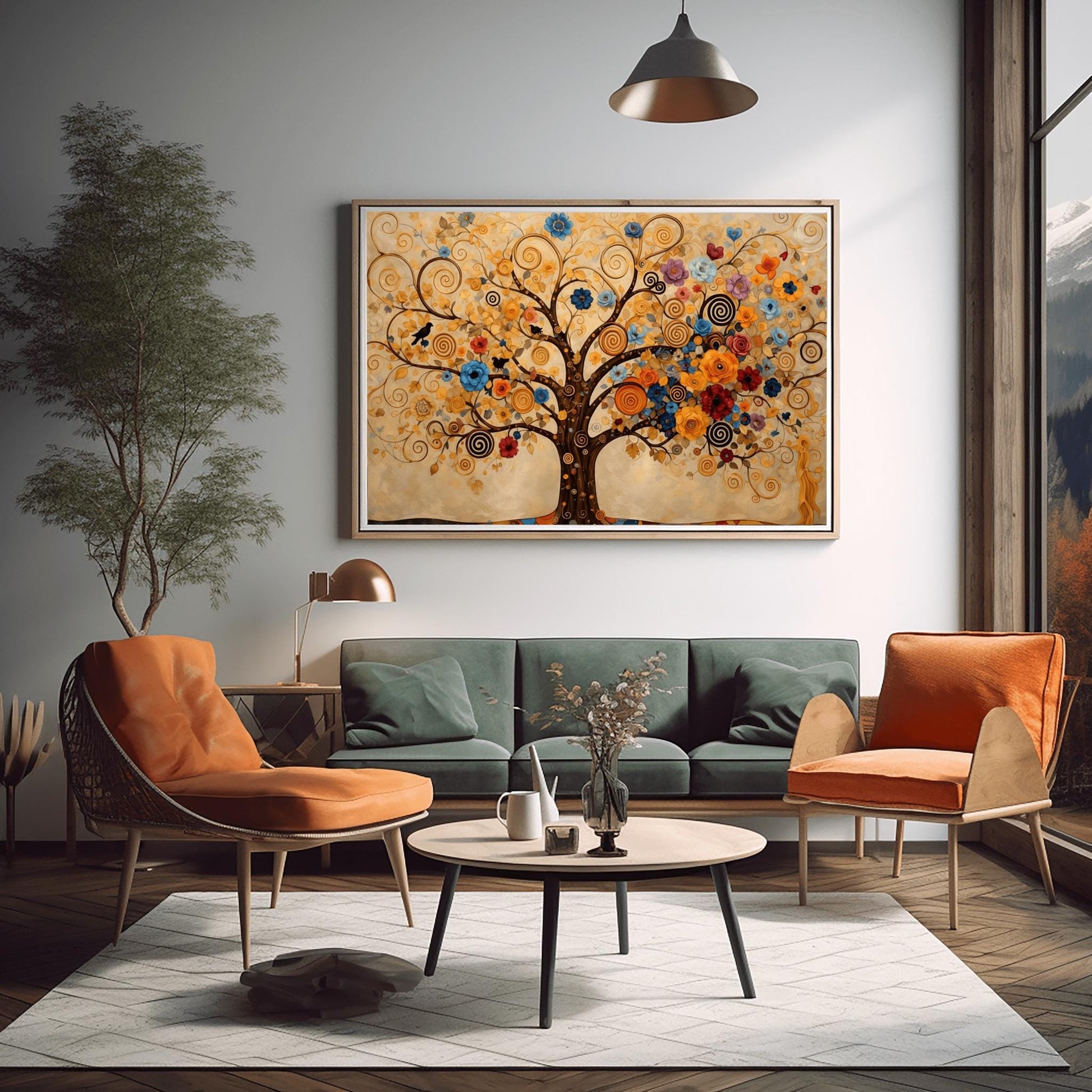 A horizontal fine art print in the style of Gustav Klimt. A large tree with dark branches that curl into golden spirals fills the frame. The tree is decorated with a variety of colorful blue, orange, and red flowers and small black birds. The background is a warm cream color with faint, swirling patterns.