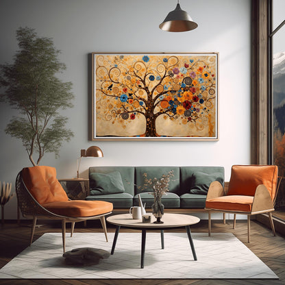 A horizontal fine art print in the style of Gustav Klimt. A large tree with dark branches that curl into golden spirals fills the frame. The tree is decorated with a variety of colorful blue, orange, and red flowers and small black birds. The background is a warm cream color with faint, swirling patterns.