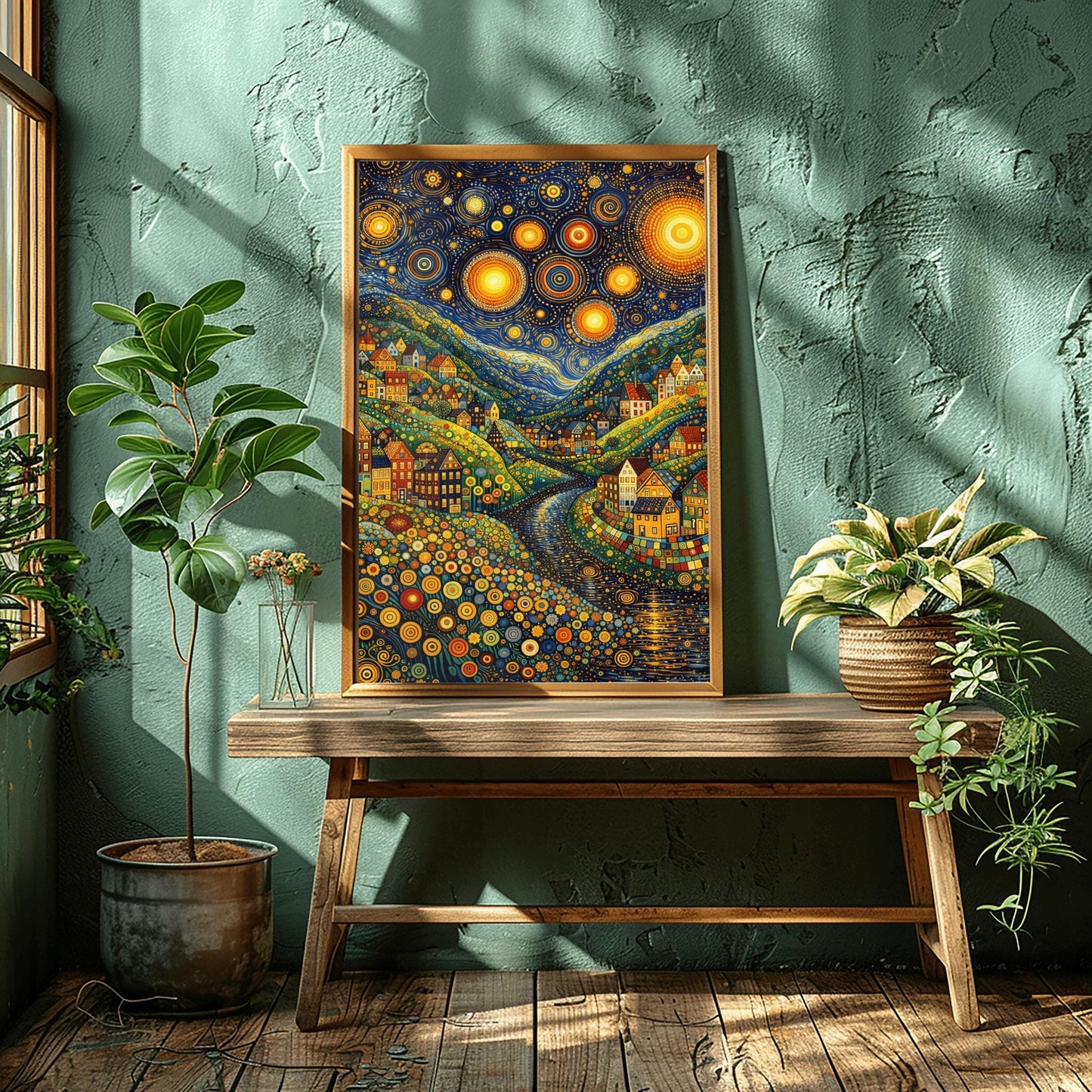 A vertical art print depicting a vibrant, stylized valley at night. The sky is filled with massive, glowing yellow stars with concentric circle patterns and golden swirls. Below, colorful houses with geometric details are built into hills made of green and yellow dots. A dark river winds through the center. The foreground is filled with multi-colored circular flower patterns. The overall style is a mix of mosaic textures and swirling post-impressionist brushwork.