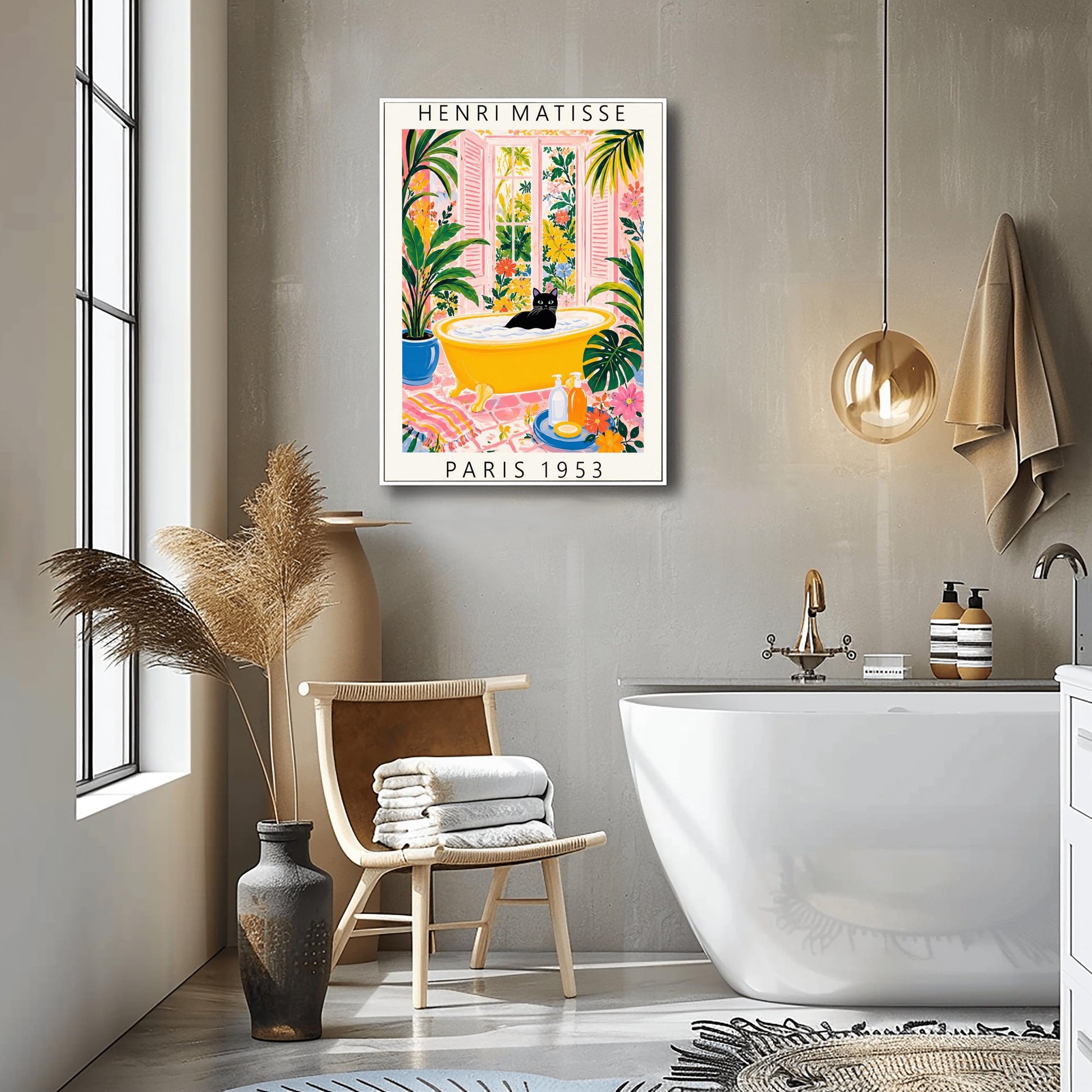A vertical minimalist fine art exhibition poster in the style of Henri Matisse, featuring a wide white border layout. In the center, a solid black silhouette illustrates a cat in a crouching pose against a vibrant mustard yellow background block. The central composition is accented by flat paper-cut abstract shapes, including a royal blue coral leaf on the left and a terracotta red shape on the right against a solid white backdrop.