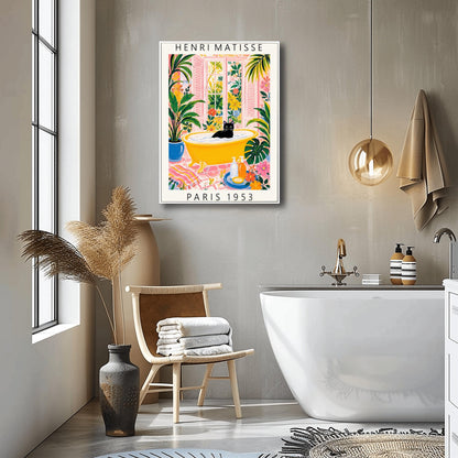 A vertical minimalist fine art exhibition poster in the style of Henri Matisse, featuring a wide white border layout. In the center, a solid black silhouette illustrates a cat in a crouching pose against a vibrant mustard yellow background block. The central composition is accented by flat paper-cut abstract shapes, including a royal blue coral leaf on the left and a terracotta red shape on the right against a solid white backdrop.