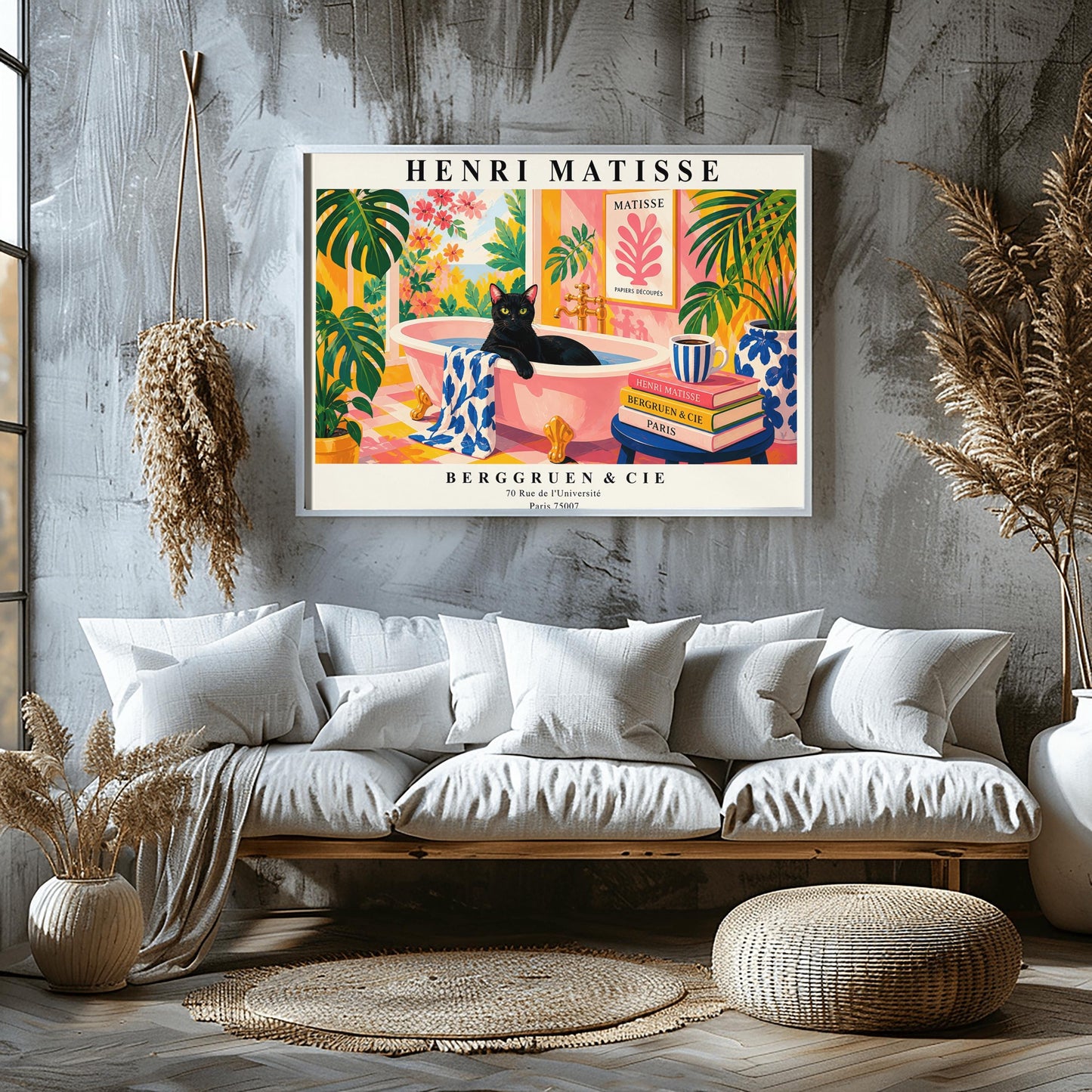 A horizontal art print designed as a Henri Matisse exhibition poster. A sleek black cat sits inside a pink clawfoot bathtub filled with water. The bathroom is vibrant with pink patterned walls, pink and yellow checkered tiles, and numerous large green Monstera plants. Outside the window is a bright garden with pink and orange flowers. A stack of art books and a striped mug sit on a blue stool in the foreground. The poster features bold black text at the top and bottom for "Henri Matisse"