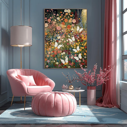 A vertical fine art painting in the style of Gustav Klimt. A dense field of colorful wildflowers in shades of orange, pink, yellow, and red fills the frame. Several large, delicate white butterflies are scattered throughout the meadow, appearing to fly toward a soft golden light in the upper right corner. The style is highly textured with decorative mosaic patterns.