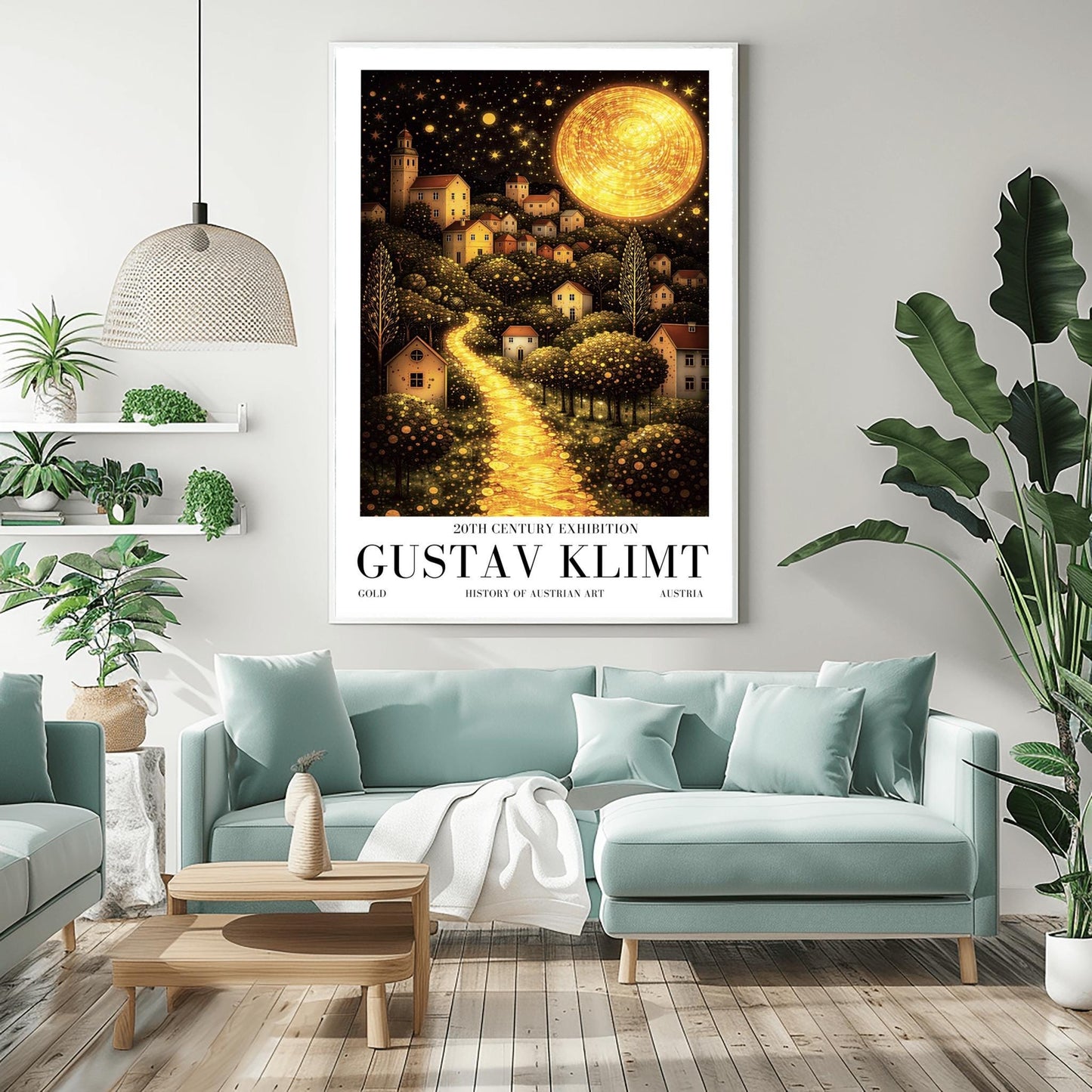 A vertical fine art landscape in the style of Gustav Klimt. A huge, textured golden moon shines in a starry night sky. A glowing golden path winds up a hillside past trees filled with shimmering golden dots toward a village of small houses with lit windows.