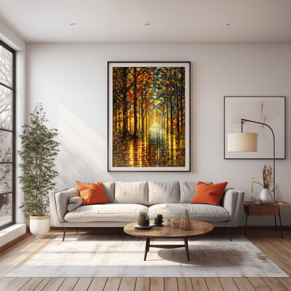 A vertical, highly detailed oil painting in the style of Gustav Klimt. A forest path lined with tall, slender trees is illuminated by a warm, golden light at the end of the corridor. The leaves are a mosaic of gold, orange, and red circles and geometric shapes. The path in the foreground is wet and reflects the brilliant colors of the trees in a shimmering, textured pattern.