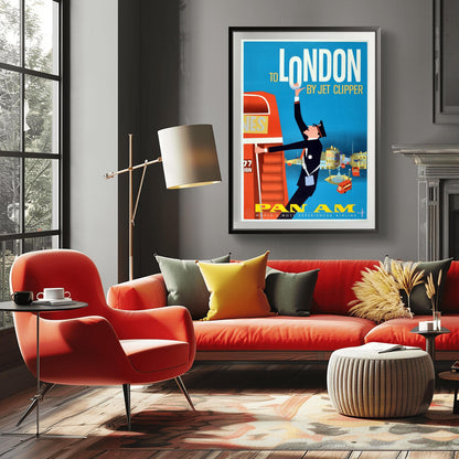 A vertical vintage travel poster with a blue background. At the top, the words "TO LONDON BY JET CLIPPER" are written in white and yellow font. A graphic illustration shows a bus conductor in a black uniform swinging off a large red double-decker bus on the left, reaching his arm up to hold the letter O in "LONDON". The lower background features stylized yellow and blue buildings of Piccadilly Circus with small red buses. The bottom features yellow "PAN AM" branding.