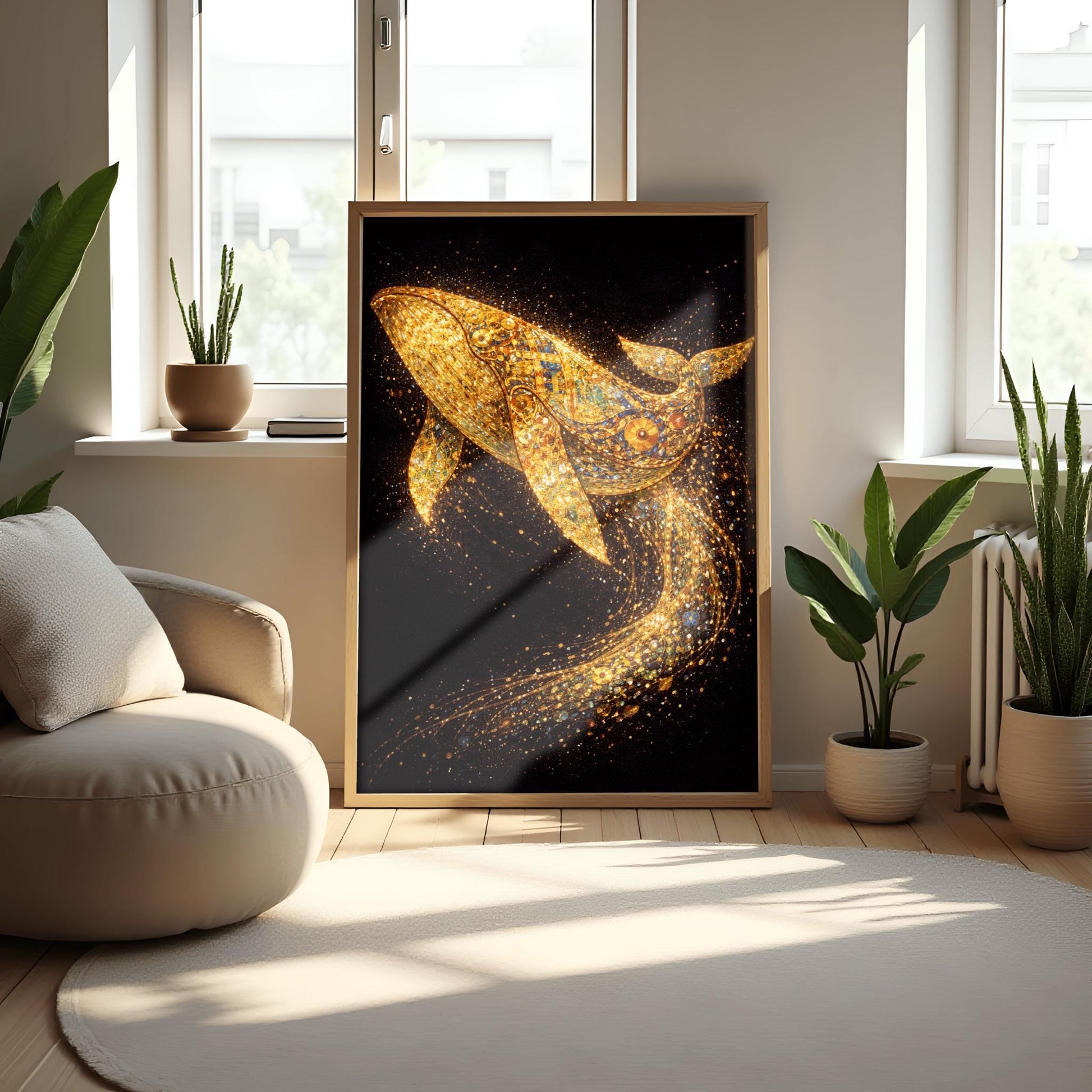 A vertical full-bleed illustration of a large whale in the style of Gustav Klimt. The whale is composed of gold mosaic patterns and spirals, swimming through a dark black ocean. Behind it, a long, curved trail of sparkling golden particles and embers flows through the water.