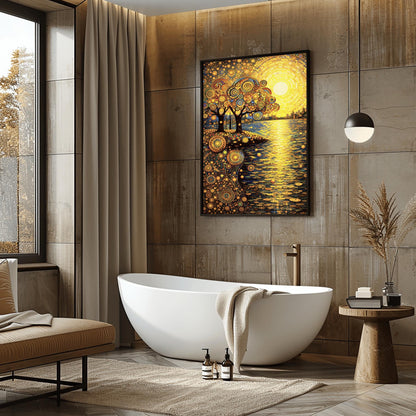 A vertical museum exhibition poster in the style of Gustav Klimt. A large, radiant yellow mosaic sun rises over a lake. On the left shore, two trees with ornate spiral-patterned leaves stand. The ground and sky are filled with dense golden mosaic circles and patterns. Bold black text at the bottom reads "GUSTAV KLIMT" and "AUSTRIA."