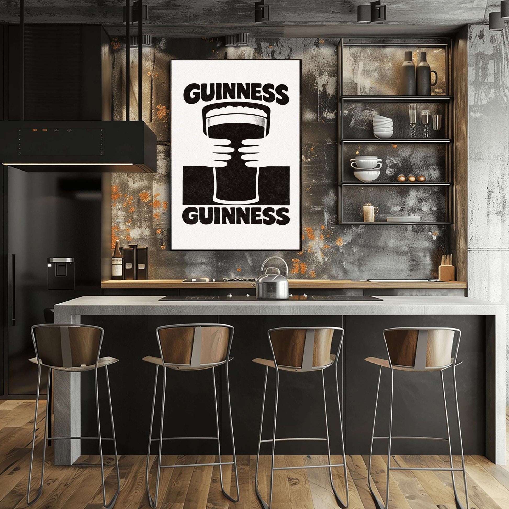 A vertical black and white minimalist graphic. Two white hands hold a central pint of Guinness from both sides. The word "GUINNESS" appears in bold black text both at the top and the bottom of the cream-colored background.